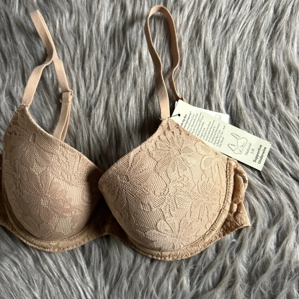 No Boundaries Push Up Bra Womens Size 32C‎ Tan Brown Floral Lace Underwire NEW